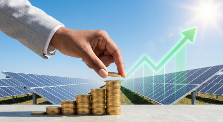 Hand legt eine Münze auf wachsende Münzstapel vor einem Solarpark zum Thema 500.000 Euro sinnvoll investieren.