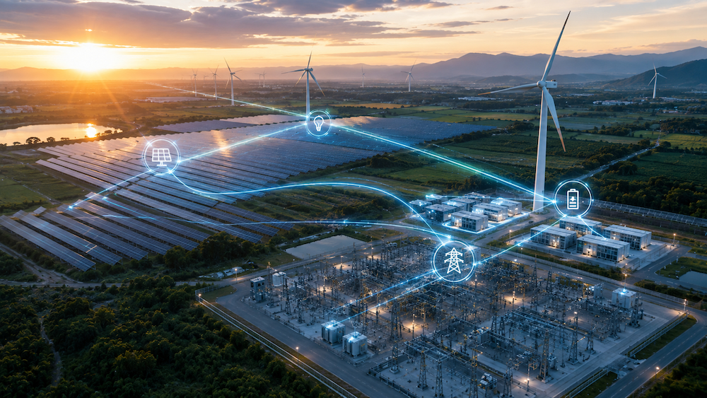 Visualisierung eines integrierten Konzepts f&uuml;r ein intelligentes Energienetz mit Solarmodulen, Windkraftanlagen, Stromverteilungsnetz und Batterie-Energiespeichersystem.