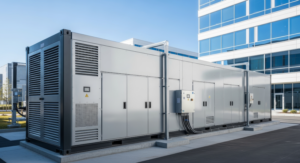 Eine industrielle Batterie-Energiespeichereinheit vor einem modernen B&uuml;rogeb&auml;ude