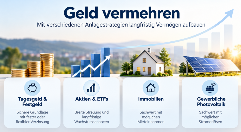 Schaubild zum Geld vermehren mit Tagesgeld, Festgeld, Aktien, ETFs, Immobilien und gewerblicher Photovoltaik als Anlagemöglichkeiten.