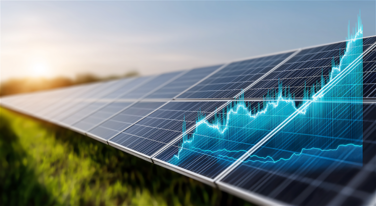 Photovoltaikanlage mit steigendem Ertragsdiagramm als Symbol für Investitionswachstum.