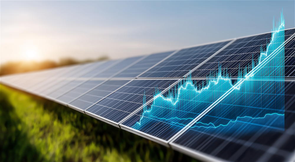 Photovoltaikanlage mit steigendem Ertragsdiagramm als Symbol für Investitionswachstum.