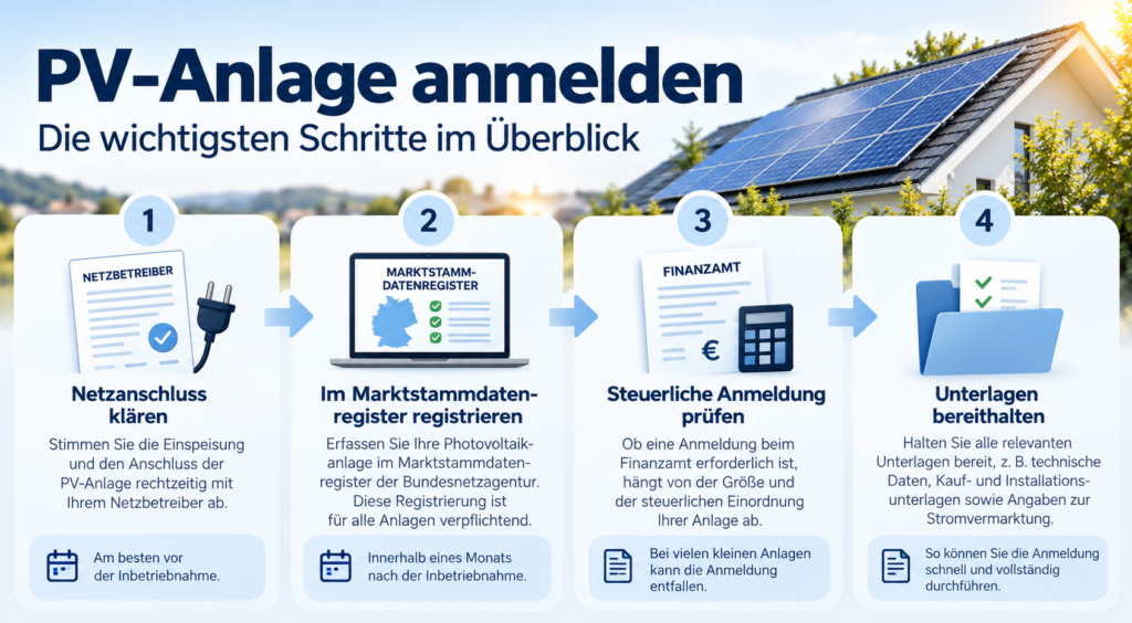 Schaubild zur PV-Anlage beim Finanzamt anmelden mit Netzanschluss, Marktstammdatenregister, steuerlicher Prüfung und erforderlichen Unterlagen.