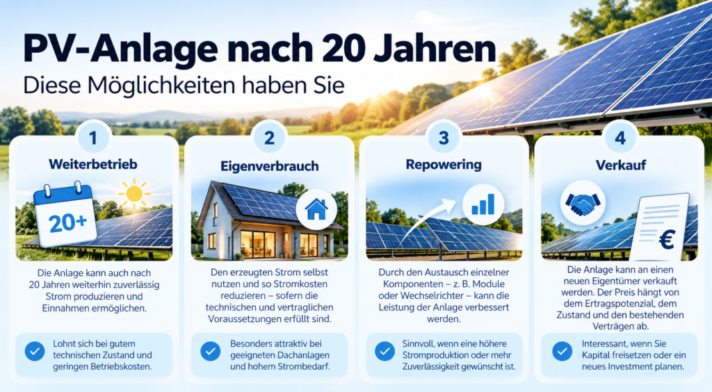 Schaubild zum Restwert einer PV-Anlage nach 20 Jahren mit den Möglichkeiten Weiterbetrieb, Eigenverbrauch, Repowering und Verkauf.