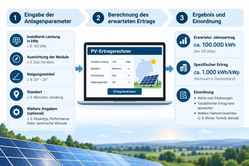 PV-Ertragsrechner mit Anlagenparametern und berechnetem Solarertrag einer Photovoltaikanlage.