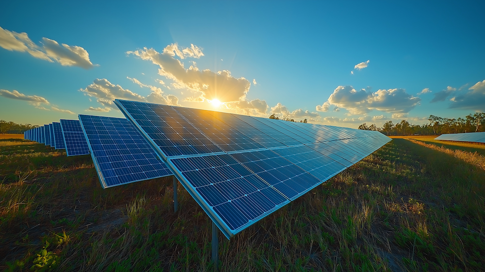 Großer Solarpark mit Photovoltaikmodulen im Sonnenlicht als Symbol für den Restwert einer PV-Anlage nach 20 Jahren.