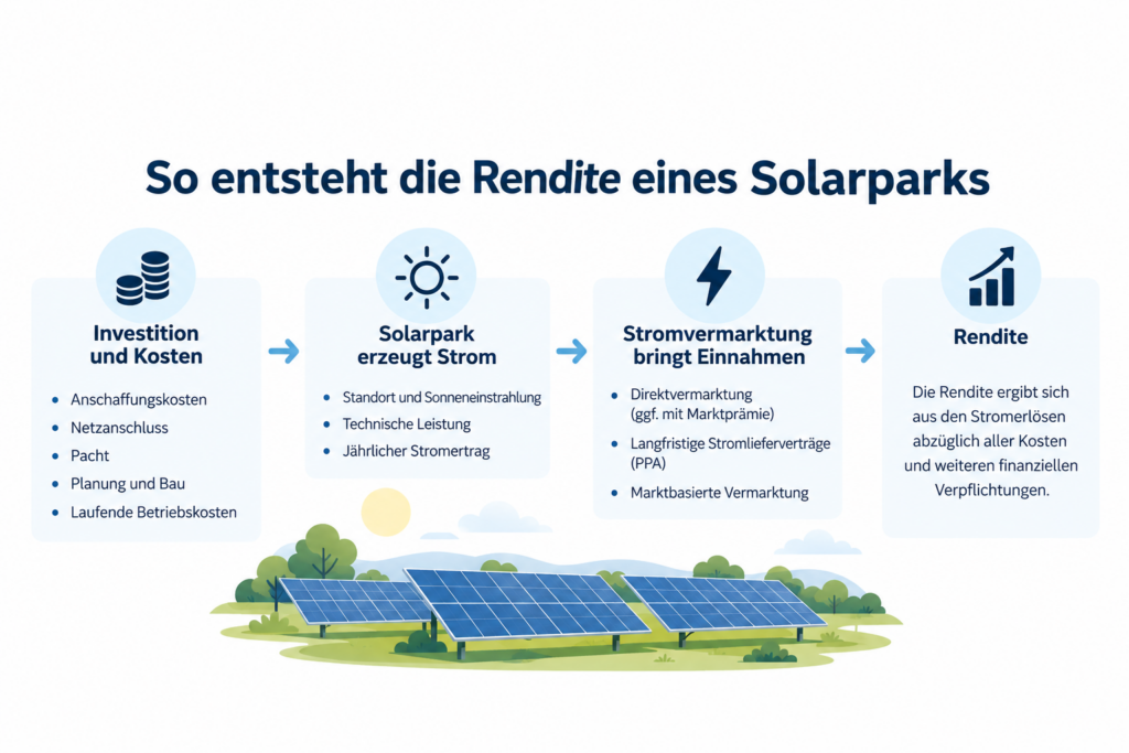 Schaubild zur Solarpark-Rendite mit Investitionskosten, Stromerzeugung, Stromvermarktung und Rendite