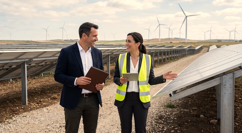 Geschäftsmann und Solarpark-Expertin mit Unterlagen vor einer Photovoltaik-Freiflächenanlage