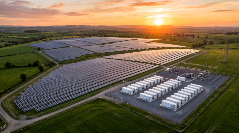 Gewerbliche Photovoltaikanlage mit Batteriespeichern auf einer Freifläche.