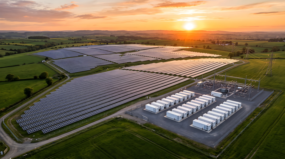 Gewerbliche Photovoltaikanlage mit Batteriespeichern auf einer Freifl&auml;che.