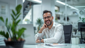 Zufriedener Angestellter sitzt lächelnd am Schreibtisch im modernen Büro und informiert sich über Möglichkeiten, Steuern zu sparen.