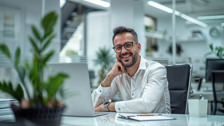 Zufriedener Angestellter sitzt lächelnd am Schreibtisch im modernen Büro und informiert sich über Möglichkeiten, Steuern zu sparen.