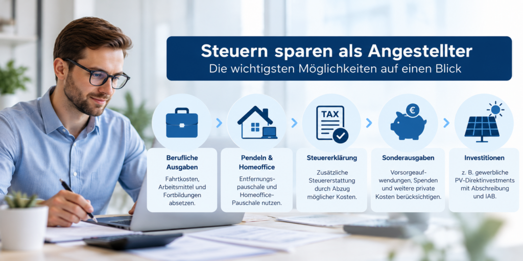 Büroangestellter am Schreibtisch mit Laptop und Schaubild zum Steuern sparen als Angestellter durch Werbungskosten, Homeoffice, Sonderausgaben und Investitionen.