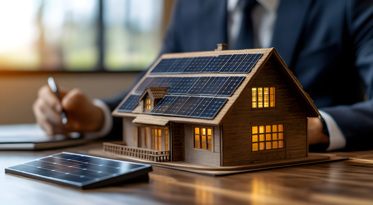 Modellhaus mit Solarmodulen auf dem Dach und einem weiteren Solarpanel auf dem Tisch, während im Hintergrund ein Geschäftsmann Unterlagen zu einem PV-Direktinvestment bearbeitet.